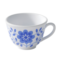 A white ceramic cup with blue floral pattern isolated on transparent background png