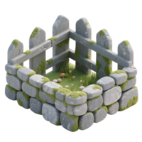 A miniature stone and wood fence with moss isolated on transparent background png