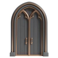 A gothic arched door with gold trim isolated on transparent background png