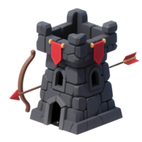 A gray medieval tower with red flags isolated on transparent background png