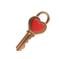 A golden key with a red heart isolated on transparent background png