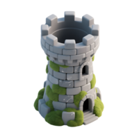 A gray stone castle tower covered in moss isolated on transparent background png