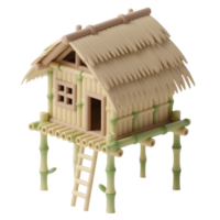 A bamboo stilt house with thatched roof isolated on transparent background png
