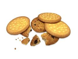 Tasty golden biscuits artistically arranged on the white background photo