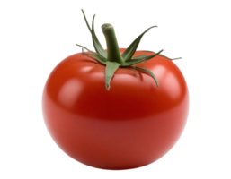 A single, ripe, red tomato with green stem and leaves, isolated on transparent background png