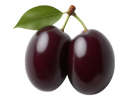 Two ripe cherries with a leaf on a transparent background png