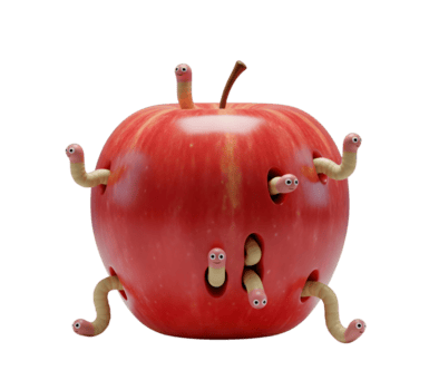 Worm in a Red Apple Minimalist 3D Rendering in Soft And Smooth Renderer png