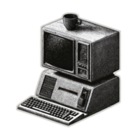 Vintage Computer With Coffee Cup In Retro Engraving. Nostalgic Technology Illustration Isolated On Transparent Background png
