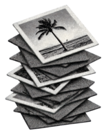Stack Of Vintage Polaroid Photos With Palm Tree. Nostalgic Beach Memories In Retro Illustration Isolated On Transparent Background png