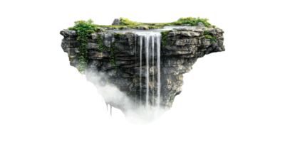 Floating Island With Waterfall And Lush Greenery. Surreal Nature Concept Isolated On Transparent Background png