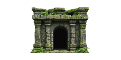 Ancient Stone Temple Entrance With Moss And Ferns. Historical Architecture And Nature Isolated On Transparent Background png
