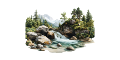 Mountain Stream With Rocks And Trees. Serene Nature Landscape For Relaxation And Inspiration Isolated On Transparent Background png