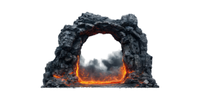 Rocky Archway With Fiery Lava And Smoke. Dramatic Natural Phenomenon And Volcanic Activity Isolated On Transparent Background png
