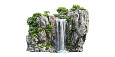 Waterfall Cascading Over Rocky Cliff With Lush Greenery. Nature'S Serenity And Tranquility Isolated On Transparent Background png