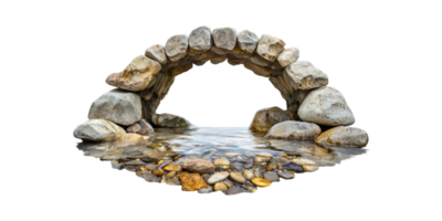 Stone Arch Bridge Over Water With Pebbles. Natural Architecture And Tranquility Concept Isolated On Transparent Background png