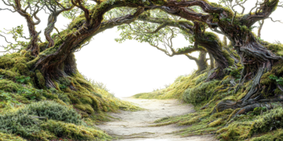 Enchanted Forest Pathway With Twisted Trees And Lush Greenery. Mystical Nature Scene Isolated On Transparent Background png