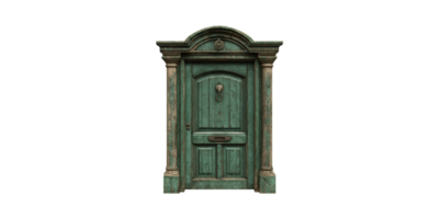 Antique Green Wooden Door With Ornate Columns. Vintage Architecture And Design Element Isolated On Transparent Background png