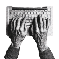 mãos digitando em teclado dentro vintage meio-tom. retro digital comunicação conceito ilustração isolado em transparente fundo png