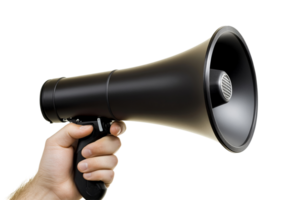 A hand grips a matte black megaphone, ready to amplify a message. Its shiny interior gleams, contrasting with its body png