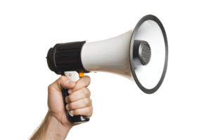 A hand firmly grips a black and white megaphone, ready to amplify a message against the stark, transparent background png