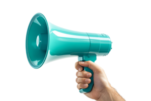 A hand holds a teal megaphone transparent background, casting no shadow. The megaphone has ribbed detail near the horn png