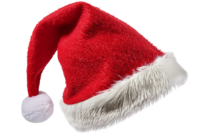 Red, fuzzy winter hat with a white pom-pom, on a transparent background. Christmas holiday season png