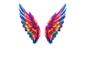 Symmetrical, glowing wings with vivid hues of blue, red, and yellow, with intricate feather details and a transparent background png