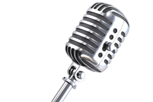 A classic-style microphone with shiny, silver details on a transparent background png