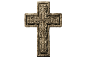 An intricately carved, aged stone cross, illuminated against a transparent background, with floral detailing along each arm png