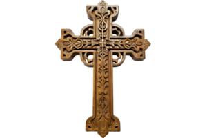 Intricate, wooden cross with detailed scrollwork against a transparent background. Simple, yet sophisticated, design png