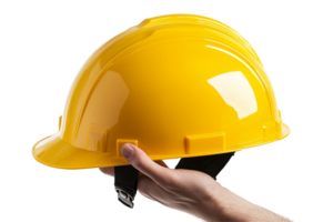 A yellow hard hat is held by a hand, symbolising workplace safety and protection against hazards, set against a transparent background png
