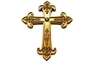 Ornate golden cross. The cross has decorative scrolls and it's centered against a transparent background png