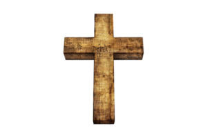 Old, weathered wooden cross on transparent background. Mottled brown texture. Symbol of faith, spirituality, and antiquity. Somber and impactful png