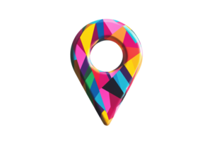 A colorful location pin icon, with geometric shapes creating a modern, vibrant, 3D marker isolated on transparent background png