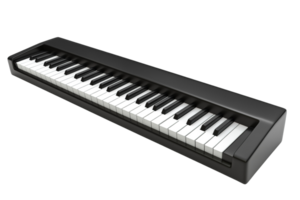 Black keyboard features white and black keys, sleek design. Good for music creation and digital performances png