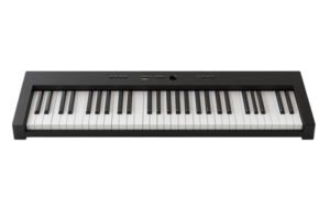 Minimalist, low-angle shot of a sleek, black digital piano with standard white and black keys against a solid transparent background png