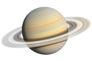 Saturn Spherical planet with prominent rings, banded atmosphere, shades of beige, and gradient lighting transparent background png