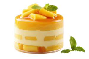 Mango dessert layered cake with yellow glaze, mango chunks, and mint garnish against a transparent background png
