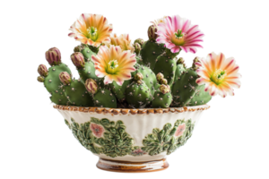 Cactus in decorative bowl with beautiful flowers and small buds. Close-up, colorful, bright, detailed and charming png