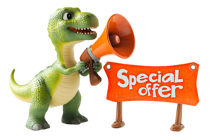 Adorable dinosaur character standing with megaphone shouting special offer message in cheerful cartoon style png