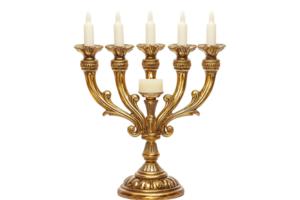 Gold candelabrum holding seven unlit candles, on a transparent background, with intricate designs png