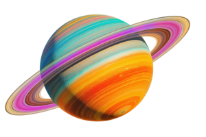 Colorful planet with rings. Shades of orange, blue, and pink create a vibrant, textured cosmic scene against a transparent background png