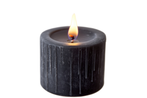 Lit black candle with dripping wax on transparent background. Minimalist, isolated item for decoration, celebration png