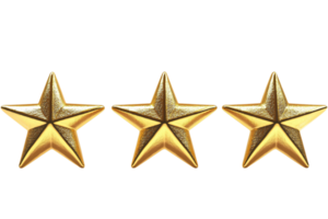 Three golden stars in a horizontal row. Metallic texture with intricate detailing. Symbolizing ranking, quality, or achievement png