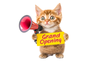 Adorable cat holding Grand Opening banner and megaphone on transparent background png