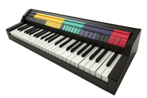 Keyboard with colored sections above white keys. Black keyboard frame sits on transparent background png