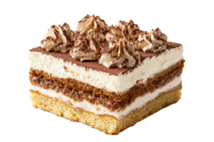 Layered dessert with cream, coffee-soaked biscuits, and cocoa powder. Beige base with tan and white layers png
