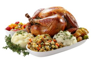 Festive turkey platter golden bird, mashed potatoes, stuffing, colorful vegetables. Delicious food presentation png