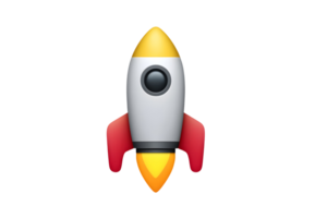Upward Isolated rocket illustration features red fins, yellow nose, and a flame on a transparent background png