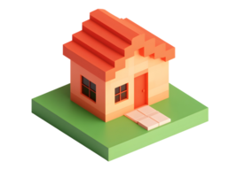 Pixelated house on grassy platform, isometric view. Small building, red roof. Simple design, clean. Minimalist style on transparent background png